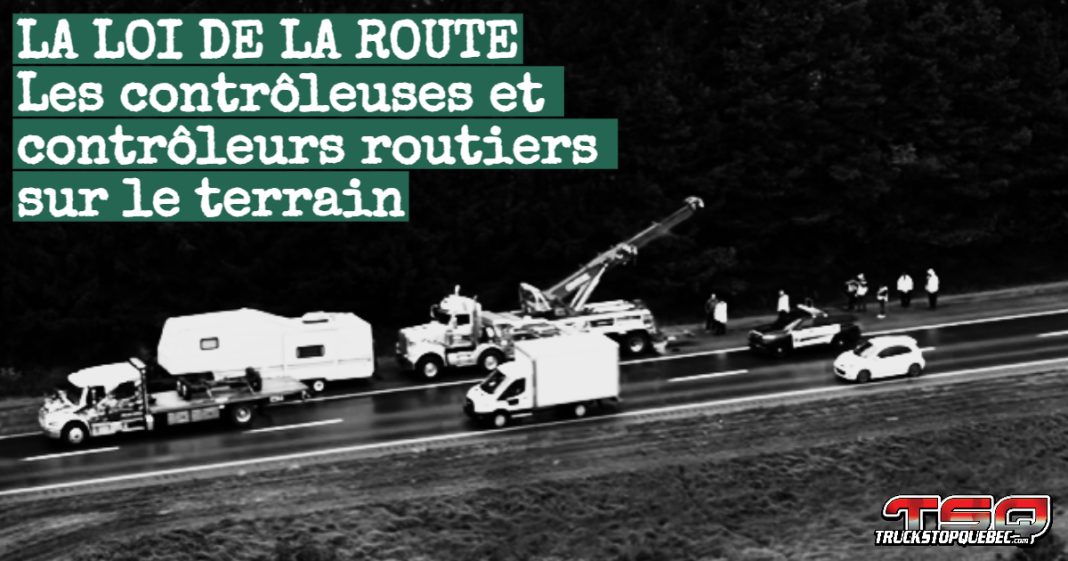 Contrôleurs routiers en uniforme sur le terrain, effectuent une vérification de camion sur une route du Québec, image tirée de la série La loi de la route diffusée sur TÉMOIN.