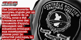 Les contrôleurs routiers brisent le silence : la lettre-choc d’un agent de la FCCRQ Agent de Contrôle routier Québec en uniforme, avec un extrait du texte, dénonçant la suspension des patrouilles et les risques pour la sécurité routière et publique depuis que les contrôleurs routiers ne peuvent patrouiller.