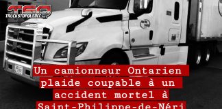 Un camionneur ontarien plaide coupable après un accident mortel à Saint-Philippe-de-Néri Le camionneur ontarien Gurjinder Singh a plaidé coupable à l'accusation liée à l'accident mortel sur l'autoroute 20. Sur la photo: Camion de l'entreprise.
