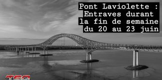 Pont Laviolette : Entraves durant la fin de semaine du 20 au 23 juin Vue du pont Laviolette à Trois-Rivières, photographié en journée sans travaux ni entraves visibles, ciel dégagé.