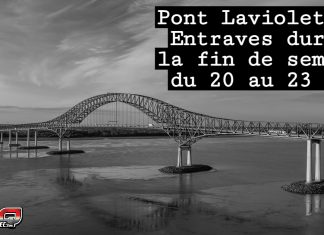 Pont Laviolette : Entraves durant la fin de semaine du 20 au 23 juin Vue du pont Laviolette à Trois-Rivières, photographié en journée sans travaux ni entraves visibles, ciel dégagé.