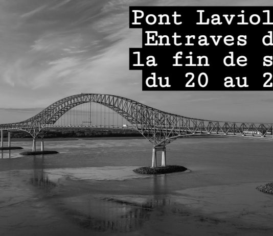 Pont Laviolette : Entraves durant la fin de semaine du 20 au 23 juin Vue du pont Laviolette à Trois-Rivières, photographié en journée sans travaux ni entraves visibles, ciel dégagé.