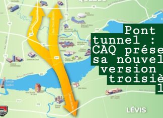 Pont et tunnel : la CAQ présente sa nouvelle version du troisième lien Pont et tunnel : la CAQ présente sa nouvelle version du troisième lien – Carte du tracé proposé entre Québec et Lévis, incluant le corridor central, le pont de 2,8 km et la portion souterraine envisagée vers Saint-Sauveur.