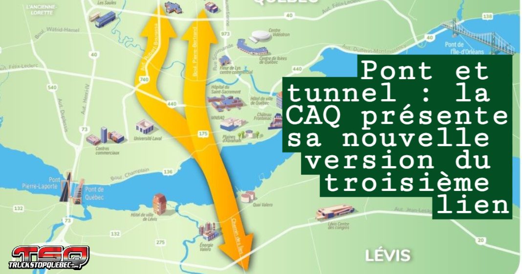 Pont et tunnel : la CAQ présente sa nouvelle version du troisième lien – Carte du tracé proposé entre Québec et Lévis, incluant le corridor central, le pont de 2,8 km et la portion souterraine envisagée vers Saint-Sauveur.
