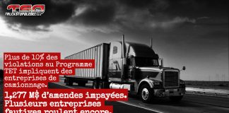 Travailleurs étrangers dans le camionnage : un programme ouvert comme une passoire aux abus Camion de transport routier circulant sur une route canadienne – illustration des enjeux liés aux violations du Programme des travailleurs étrangers temporaires dans l’industrie du camionnage.