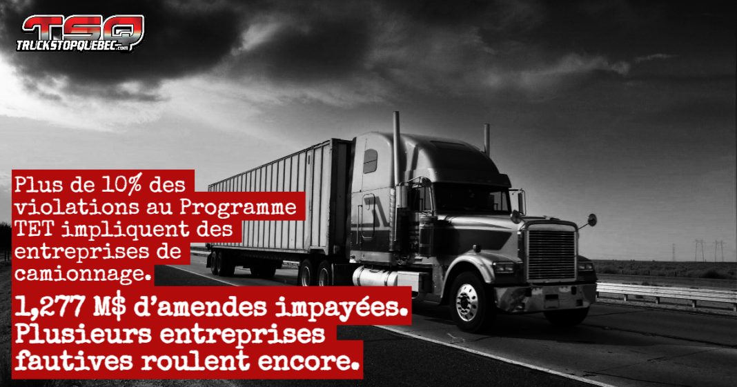 Camion de transport routier circulant sur une route canadienne – illustration des enjeux liés aux violations du Programme des travailleurs étrangers temporaires dans l’industrie du camionnage.