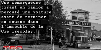Collision violente à Baie-Saint-Paul : un blessé dans un état critique Photo montrant l’intervention d’urgence à Baie-Saint-Paul, avec une remorqueuse encastrée dans un immeuble suite à une collision violente.