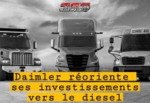Diesel à l’avant-plan chez Daimler Truck pour 2025-2030 Camions et autobus de Daimler Truck North America stationnés côte à côte dans un grand stationnement, pour présenter cet article sur la réorientation des investissements vers le diesel.