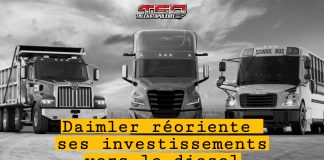 Diesel à l’avant-plan chez Daimler Truck pour 2025-2030 Camions et autobus de Daimler Truck North America stationnés côte à côte dans un grand stationnement, pour présenter cet article sur la réorientation des investissements vers le diesel.
