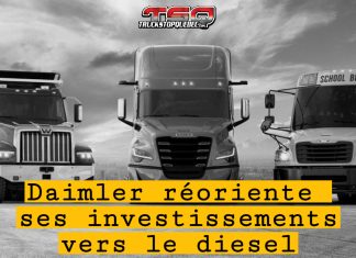 Diesel à l’avant-plan chez Daimler Truck pour 2025-2030 Camions et autobus de Daimler Truck North America stationnés côte à côte dans un grand stationnement, pour présenter cet article sur la réorientation des investissements vers le diesel.
