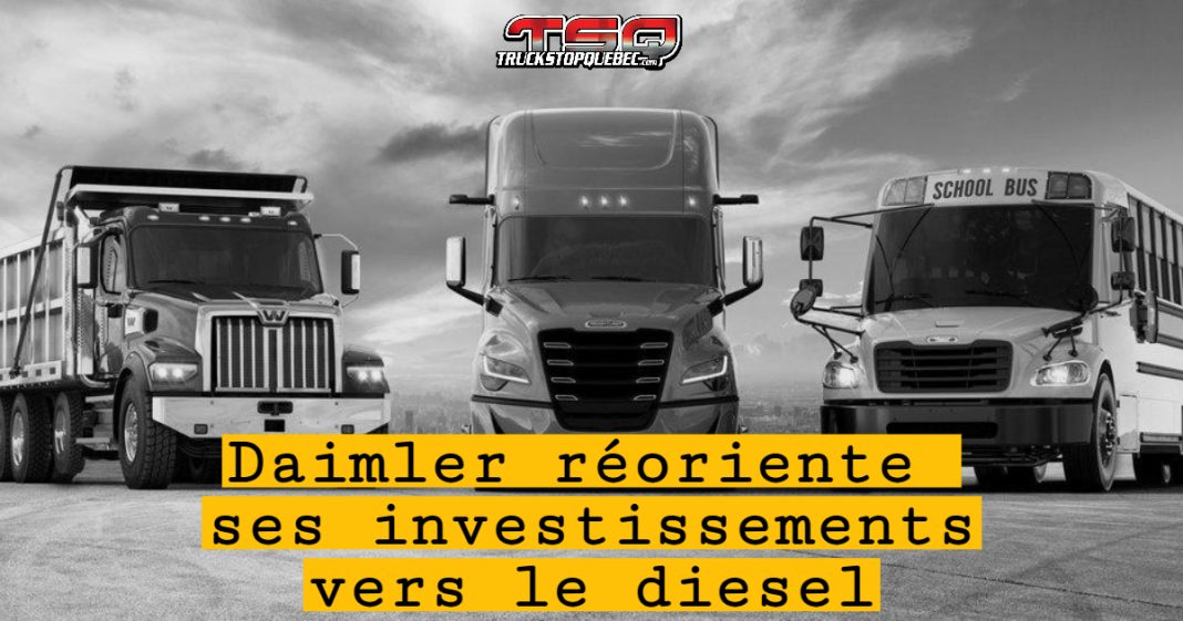 Camions et autobus de Daimler Truck North America stationnés côte à côte dans un grand stationnement, pour présenter cet article sur la réorientation des investissements vers le diesel.