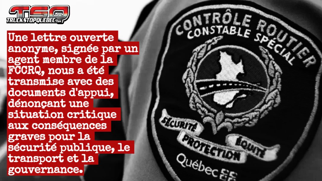 Agent de Contrôle routier Québec en uniforme, avec un extrait du texte, dénonçant la suspension des patrouilles et les risques pour la sécurité routière et publique depuis que les contrôleurs routiers ne peuvent patrouiller.
