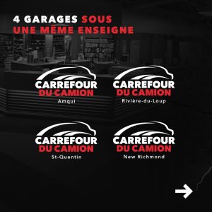 Photo des quatre logos d'établissements du réseau Carrefour du Camion (New Richmond, Amqui, Saint-Quentin et Rivière-du-Loup).