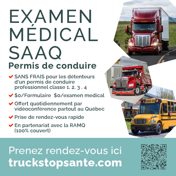 Examen médical SAAQ gratuit pour les permis classe 1-2-3-4, où que vous soyez au Québec! Rendez-vous hyper rapide par vidéoconférence ➜ truckstopsante.com