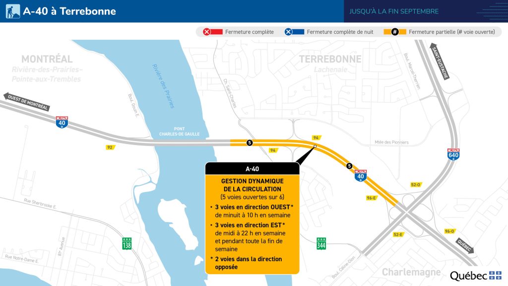 Carte des travaux à prévoir sur l'autoroute 40 - déviation et réduction des voies de circulation.