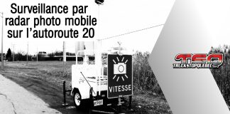 Surveillance par radar photo mobile sur l’autoroute 20 Radar photo mobile installé sur le bord de l'autoroute 20, à Notre-Dame-du-Bon-Conseil, pour surveiller la vitesse dans une zone de travaux.