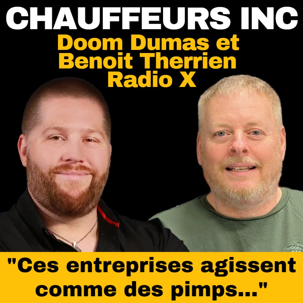 Photo de l’équipe de l’émission Maurais Live à CHOI 98,1 Radio X, accompagnée de Benoit Therrien, président fondateur de Truck Stop Québec, avec une citation tirée de son entrevue sur les dangers du stratagème Chauffeur Inc. et ses impacts sur l’industrie du transport routier au Canada.