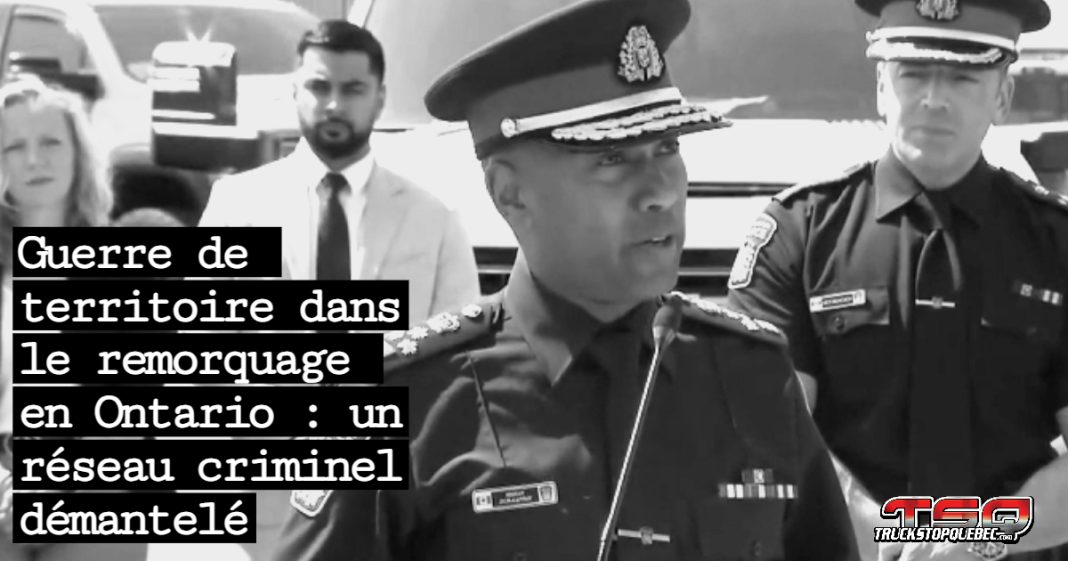 Conférence de presse en Ontario alors qu'un réseau criminel impliqué dans le remorquage a été démantelé.
