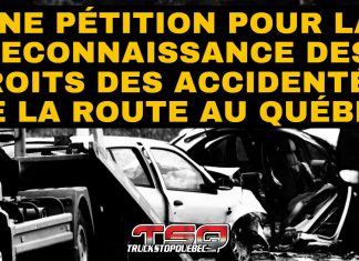 Une pétition pour la reconnaissance des droits des accidentés de la route au Québec Image promotionnelle en noir et blanc, montrant une voiture accidentée et un camion, avec le texte : « Pétition pour la reconnaissance des droits des accidentés de la route au Québec. SIGNEZ ET PARTAGEZ! ».