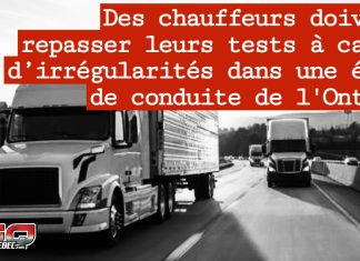 Des chauffeurs doivent repasser leurs tests à cause d’irrégularités dans une école de conduite de l’Ontario Deux camions circulent sur une route en Ontario, illustrant le rappel de chauffeurs sommés de repasser leurs tests à cause d’irrégularités dans une école de conduite.
