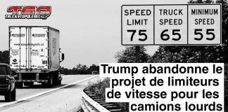 Trump abandonne le projet de limiteurs de vitesse pour les camions lourds Image d'une autoroute aux États-Unis avec un panneau de limites de vitesse, représentant le débat autour des limiteurs de vitesse pour les camions lourds et la décision de l'administration Trump de retirer le projet de règlementation.