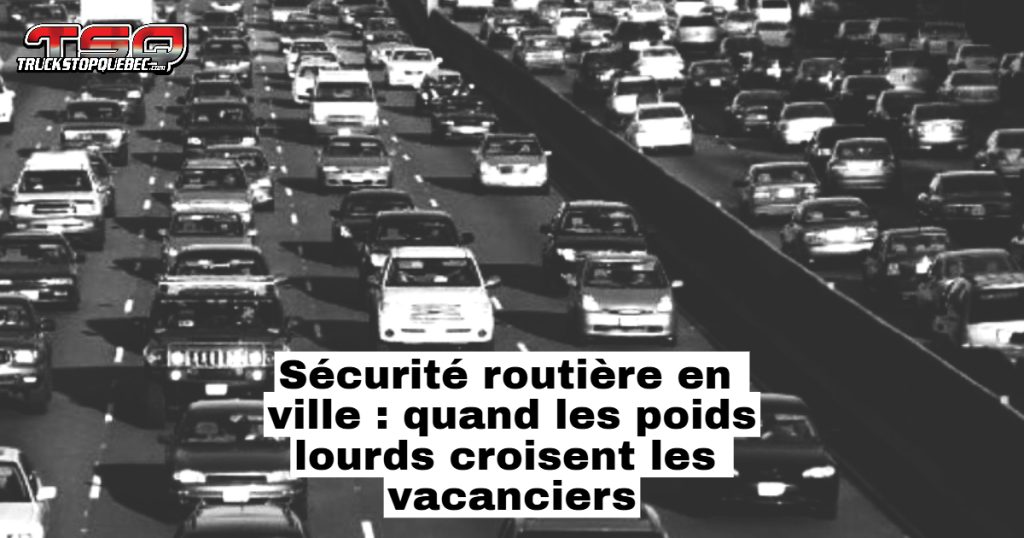 Autoroute congestionnée avec voitures et poids lourds, promotion de la sécurité routière.