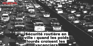 Sécurité routière en ville : quand les poids lourds croisent les vacanciers Autoroute congestionnée avec voitures et poids lourds, promotion de la sécurité routière.