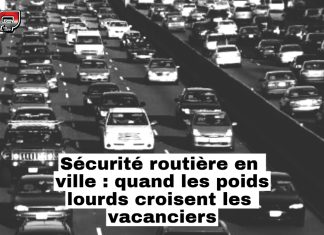 Sécurité routière en ville : quand les poids lourds croisent les vacanciers Autoroute congestionnée avec voitures et poids lourds, promotion de la sécurité routière.