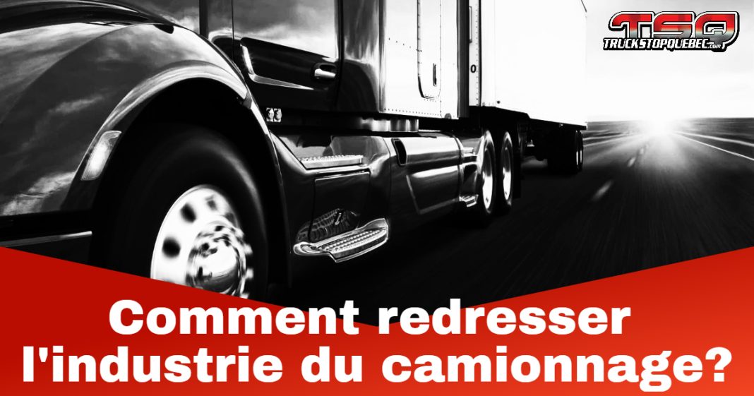 Discussion entourant les bas salaires, du per diem, des chauffeurs incorporés et des défis dans l’industrie du transport au Québec (camion et texte sur l'image).