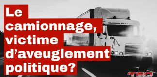 Tarifs, chauffeur Inc., double brokering : le camionnage paie le prix fort de l’inaction des élus Tarifs, chauffeur Inc., double brokering : le camionnage paie le prix fort de l’inaction des élus, représenté par une image de camions lourds sur l'autoroute.