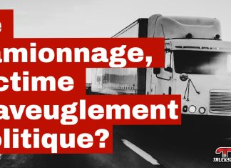 Tarifs, chauffeur Inc., double brokering : le camionnage paie le prix fort de l’inaction des élus Tarifs, chauffeur Inc., double brokering : le camionnage paie le prix fort de l’inaction des élus, représenté par une image de camions lourds sur l'autoroute.