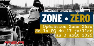La Sûreté du Québec déploie ses opérations Zone Zéro du 17 juillet au 3 août 2025 éhicule de la Sûreté du Québec stationné sur l’autoroute lors d’une opération de sécurité routière dans une Zone Zéro, visant à prévenir les comportements dangereux.