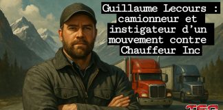 Guillaume Lecours : camionneur et instigateur d’un mouvement contre Chauffeur Inc Affiche crée par Guillaume Lecours, camionneur, qui a créé un mouvement contre le stratagème Chauffeur Inc.