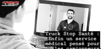Truck Stop Santé : Enfin un service médical pensé pour les camionneurs Un camionneur en visioconférence avec un médecin, sur l’écran d’un ordinateur portable. En surimpression : le logo de Truck Stop Québec et le titre « Truck Stop Santé : Enfin un service médical pensé pour les camionneurs ».