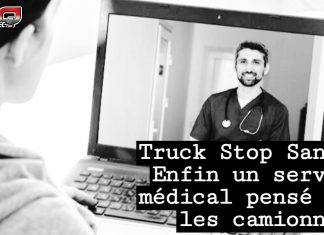 Truck Stop Santé : Enfin un service médical pensé pour les camionneurs Un camionneur en visioconférence avec un médecin, sur l’écran d’un ordinateur portable. En surimpression : le logo de Truck Stop Québec et le titre « Truck Stop Santé : Enfin un service médical pensé pour les camionneurs ».