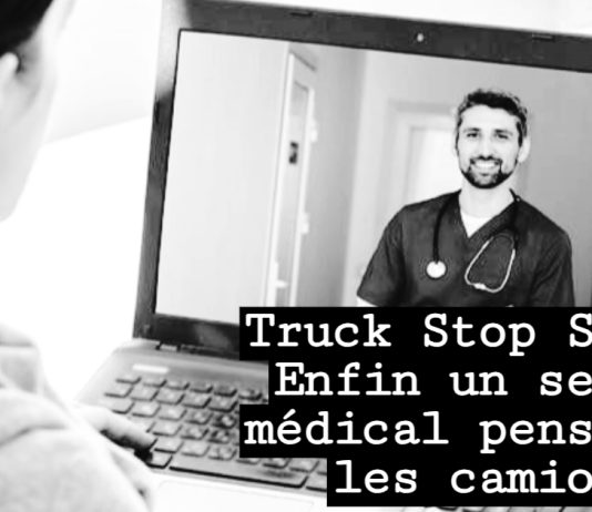 Truck Stop Santé : Enfin un service médical pensé pour les camionneurs Un camionneur en visioconférence avec un médecin, sur l’écran d’un ordinateur portable. En surimpression : le logo de Truck Stop Québec et le titre « Truck Stop Santé : Enfin un service médical pensé pour les camionneurs ».