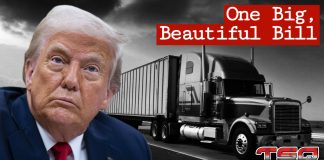 Camionnage : Ce que contient la One Big Beautiful Bill de Trump et son impact Le visage de Donald Trump en avant-plan, avec un camion roulant sur une autoroute en arrière-plan. Sur l'image, le texte One Big Beautiful Bill fait référence à sa réforme fiscale signée le 4 juillet, qui aura des impacts sur le camionnage.