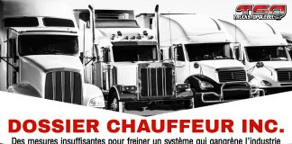 Stratagème Chauffeur Inc. : Des mesures insuffisantes pour freiner un système qui gangrène l’industrie du camionnage Image de camions stationnés, avec la mention : Dossier Chauffeur Inc. Des mesures insuffisantes pour freiner un système qui gangrène l’industrie.