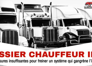 Stratagème Chauffeur Inc. : Des mesures insuffisantes pour freiner un système qui gangrène l’industrie du camionnage Image de camions stationnés, avec la mention : Dossier Chauffeur Inc. Des mesures insuffisantes pour freiner un système qui gangrène l’industrie.