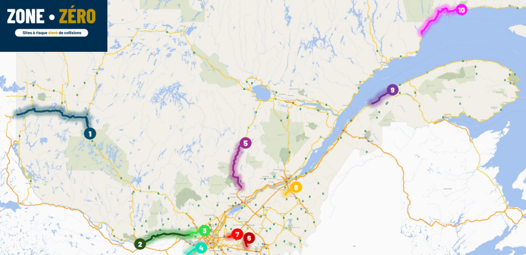 Carte géographique des zones les plus à rique d'accident, réalisée par la Sûreté du Québec dans le cadre du projet Zone Zéro.