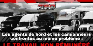 Les agents de bord et les camionneurs confrontés au même problème : le travail non rémunéré Montage visuel montrant un avion en vol au-dessus d’une rangée de camions, avec le logo Truck Stop Québec et le texte « Les agents de bord et les camionneurs confrontés au même problème : le travail non rémunéré ».