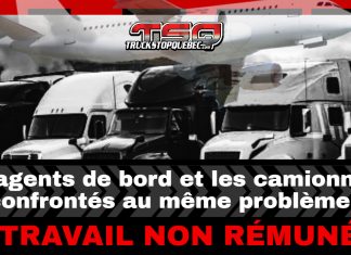 Les agents de bord et les camionneurs confrontés au même problème : le travail non rémunéré Montage visuel montrant un avion en vol au-dessus d’une rangée de camions, avec le logo Truck Stop Québec et le texte « Les agents de bord et les camionneurs confrontés au même problème : le travail non rémunéré ».
