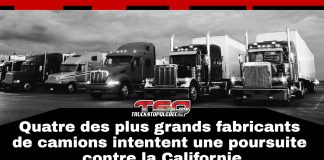 Camionnage : Les grands constructeurs poursuivent la Californie sur les normes antipollution Camions lourds stationnés devant un ciel dégagé. Sur le graphique représentant le camionnage, le texte : Quatre des plus grands fabricants de camions intentent une poursuite contre la Californie