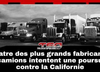 Camionnage : Les grands constructeurs poursuivent la Californie sur les normes antipollution Camions lourds stationnés devant un ciel dégagé. Sur le graphique représentant le camionnage, le texte : Quatre des plus grands fabricants de camions intentent une poursuite contre la Californie