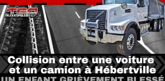Collision entre une voiture et un camion à Hébertville : un enfant grièvement blessé Montage visuel de Truck Stop Québec montrant un camion lourd blanc sur fond de route, avec le titre « Collision entre une voiture et un camion à Hébertville — Un enfant grièvement blessé ».