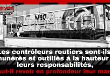 Contrôleurs routiers : doit-on revoir leur rôle pour améliorer la sécurité routière? Affiche de Truck Stop Québec et une photo montrant un bâtiment des contrôleurs avec des collants de la SAAQ, un camion en reflet, et la question posée en surimpression : « Les contrôleurs routiers sont-ils rémunérés et outillés à la hauteur de leurs responsabilités, ou faut-il revoir en profondeur leur mandat? ».