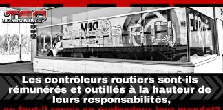 Contrôleurs routiers : doit-on revoir leur rôle pour améliorer la sécurité routière? Affiche de Truck Stop Québec et une photo montrant un bâtiment des contrôleurs avec des collants de la SAAQ, un camion en reflet, et la question posée en surimpression : « Les contrôleurs routiers sont-ils rémunérés et outillés à la hauteur de leurs responsabilités, ou faut-il revoir en profondeur leur mandat? ».