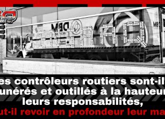 Contrôleurs routiers : doit-on revoir leur rôle pour améliorer la sécurité routière? Affiche de Truck Stop Québec et une photo montrant un bâtiment des contrôleurs avec des collants de la SAAQ, un camion en reflet, et la question posée en surimpression : « Les contrôleurs routiers sont-ils rémunérés et outillés à la hauteur de leurs responsabilités, ou faut-il revoir en profondeur leur mandat? ».