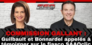 Commission Gallant : Guilbault et Bonnardel appelés à témoigner sur le fiasco SAAQclic Montage photo montrant Geneviève Guilbault et François Bonnardel, avec le logo de Truck Stop Québec, et un titre en lettres rouges et blanches annonçant : « Commission Gallant : Guilbault et Bonnardel appelés à témoigner sur le fiasco SAAQclic ».