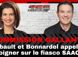 Commission Gallant : Guilbault et Bonnardel appelés à témoigner sur le fiasco SAAQclic Montage photo montrant Geneviève Guilbault et François Bonnardel, avec le logo de Truck Stop Québec, et un titre en lettres rouges et blanches annonçant : « Commission Gallant : Guilbault et Bonnardel appelés à témoigner sur le fiasco SAAQclic ».